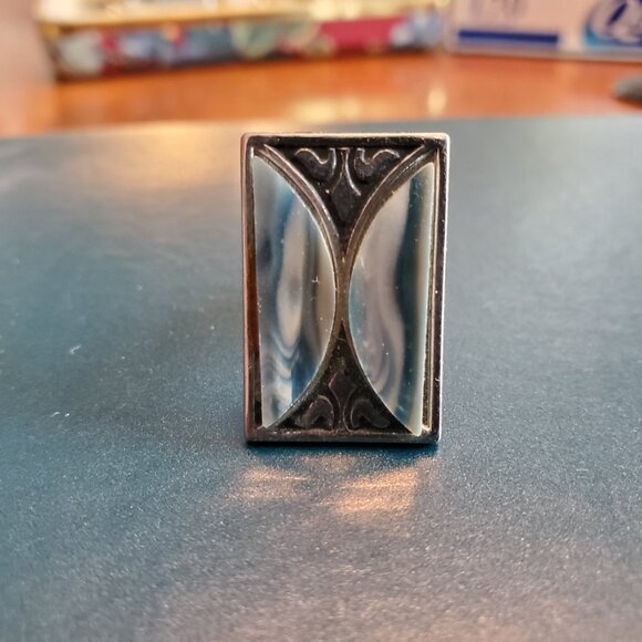 VTG Cufflinks & Tie Clip Silver Abalone Shell? Blue Grey 26 Grams Art Deco - Picture 5 of 10